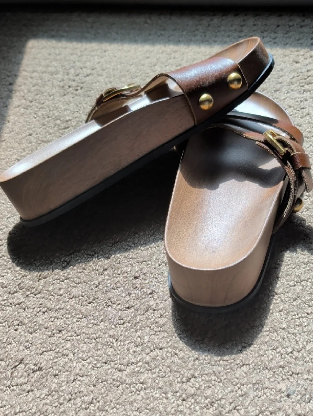 ZARA - Brown Leather Slide Sandals with Brass Buckles - Picture 2 of 5